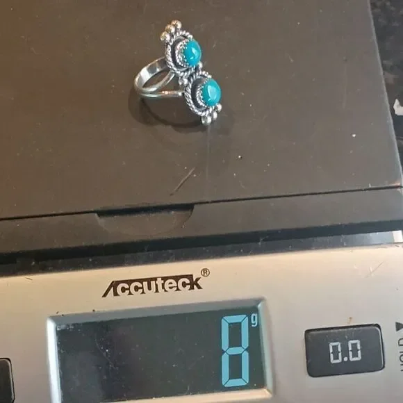 Native Southwest Style Sterling Silver Double Turquoise Stone Ring Size 7 - Picture 6 of 6